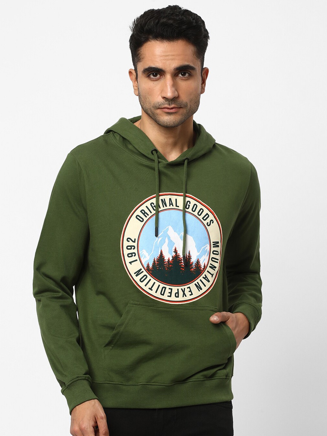 

R&B Graphic Printed Hooded Cotton Pullover, Olive