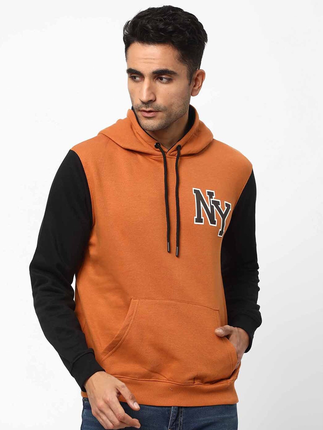 

R&B Typography Printed Hooded Cotton Pullover Sweatshirt, Orange