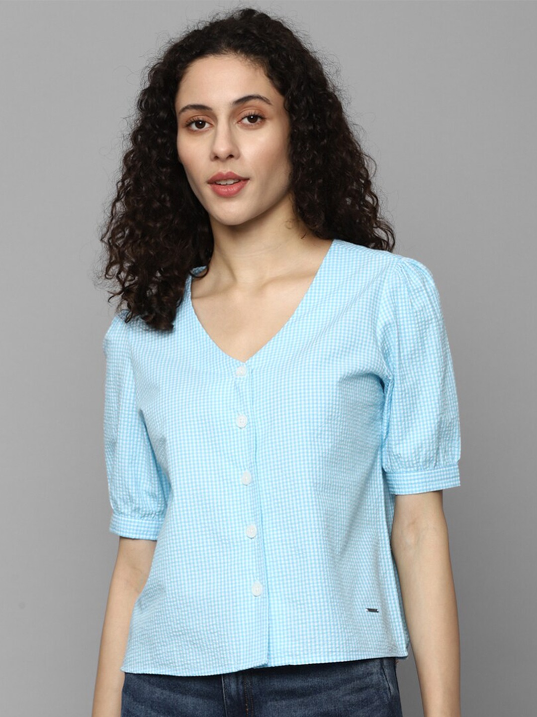 

Allen Solly Woman Checked V-Neck Puff Sleeve Cotton Shirt Style Top, Blue