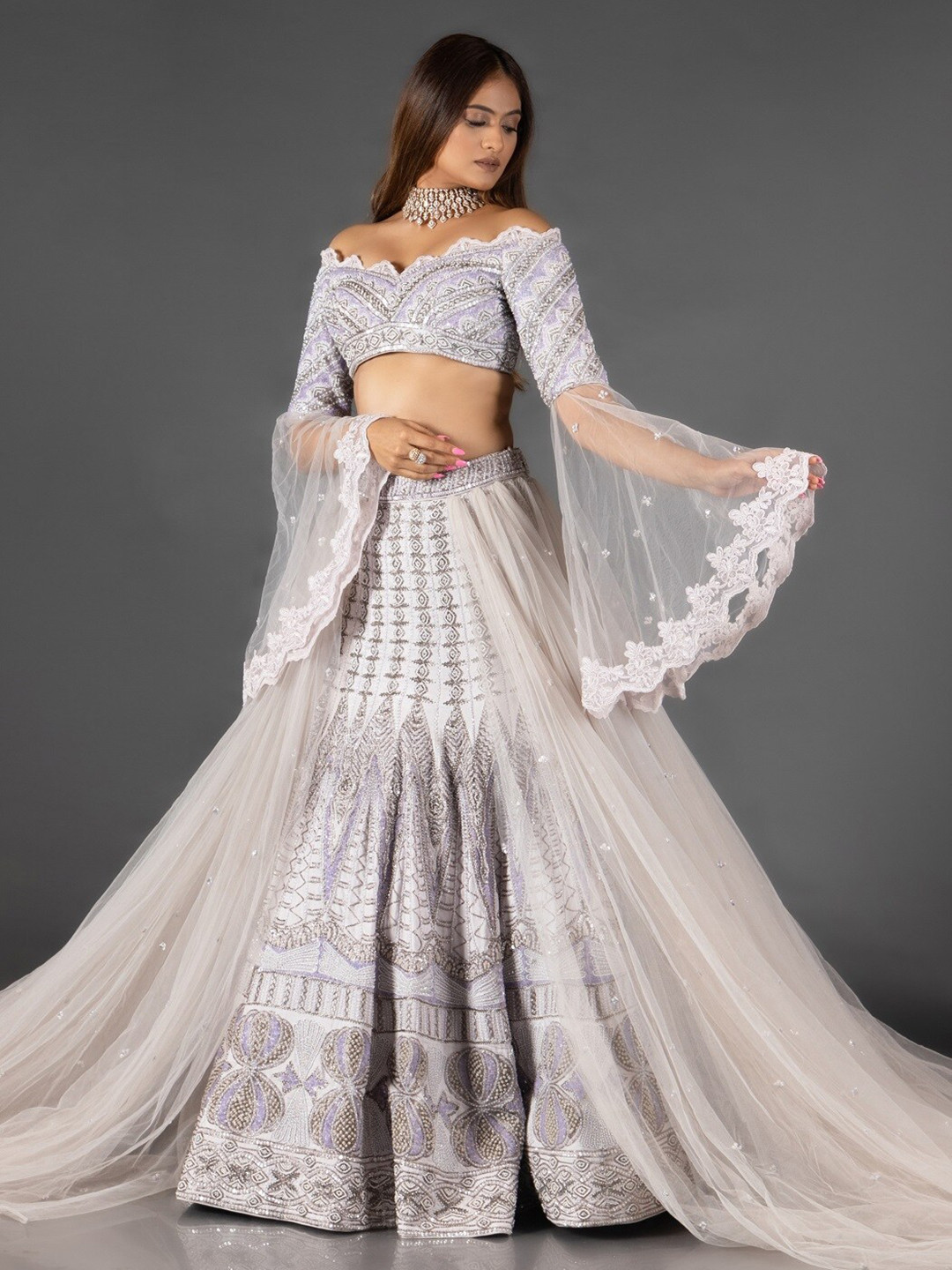 

Bindani by Jigar & Nikita Grey & Lavender Made to Measure Lehenga Blouse With Dupatta