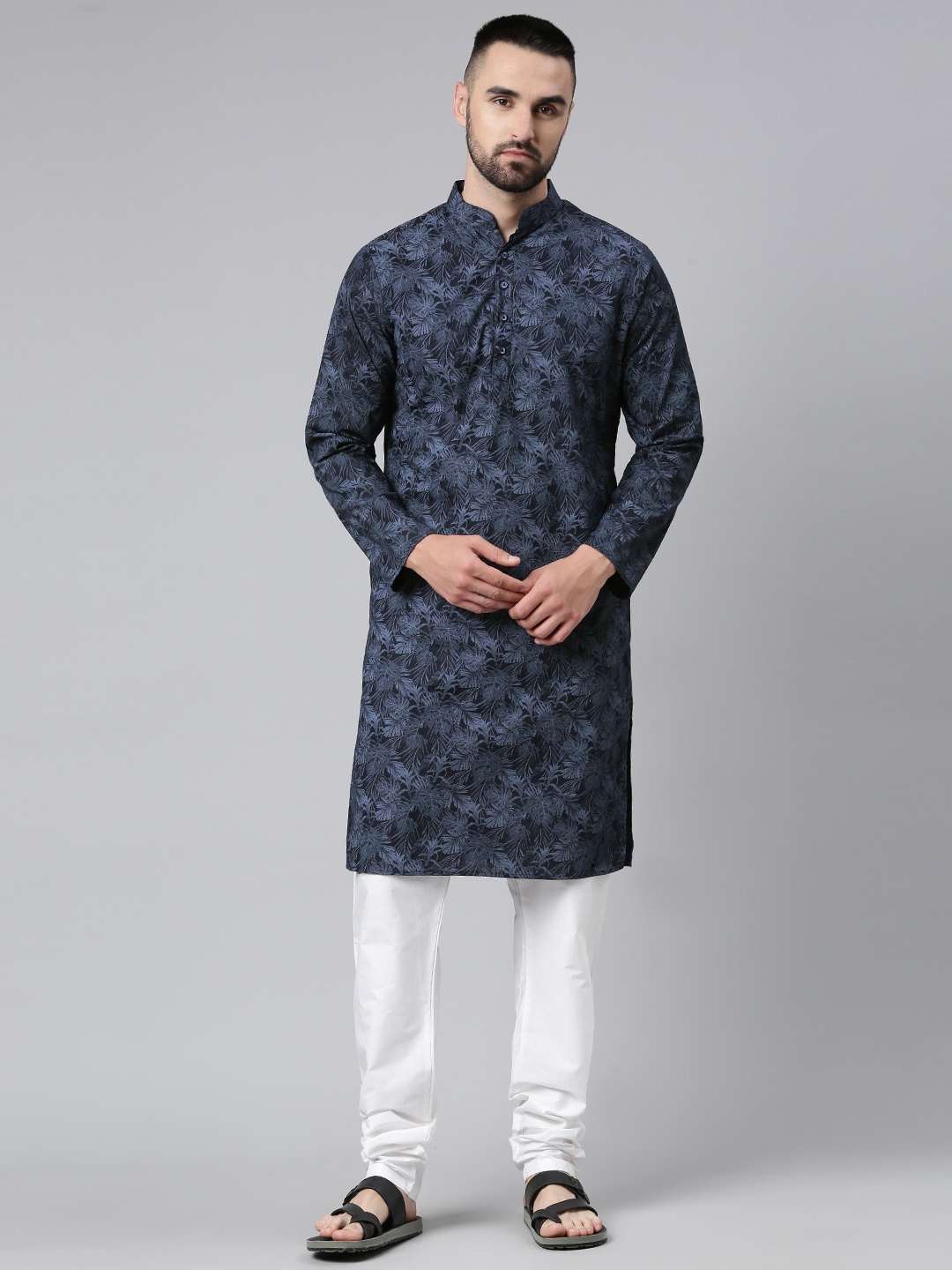 

Majestic Man Men Ethnic Motifs Printed Cotton Kurta, Navy blue