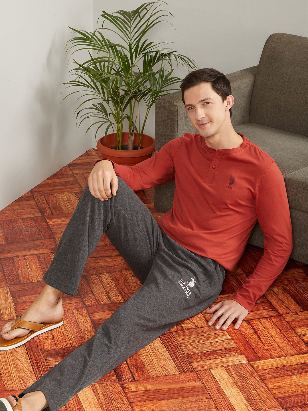 

U.S. Polo Assn. Henley Neck Long Sleeves Pure Cotton I694 Lounge T-shirt, Red