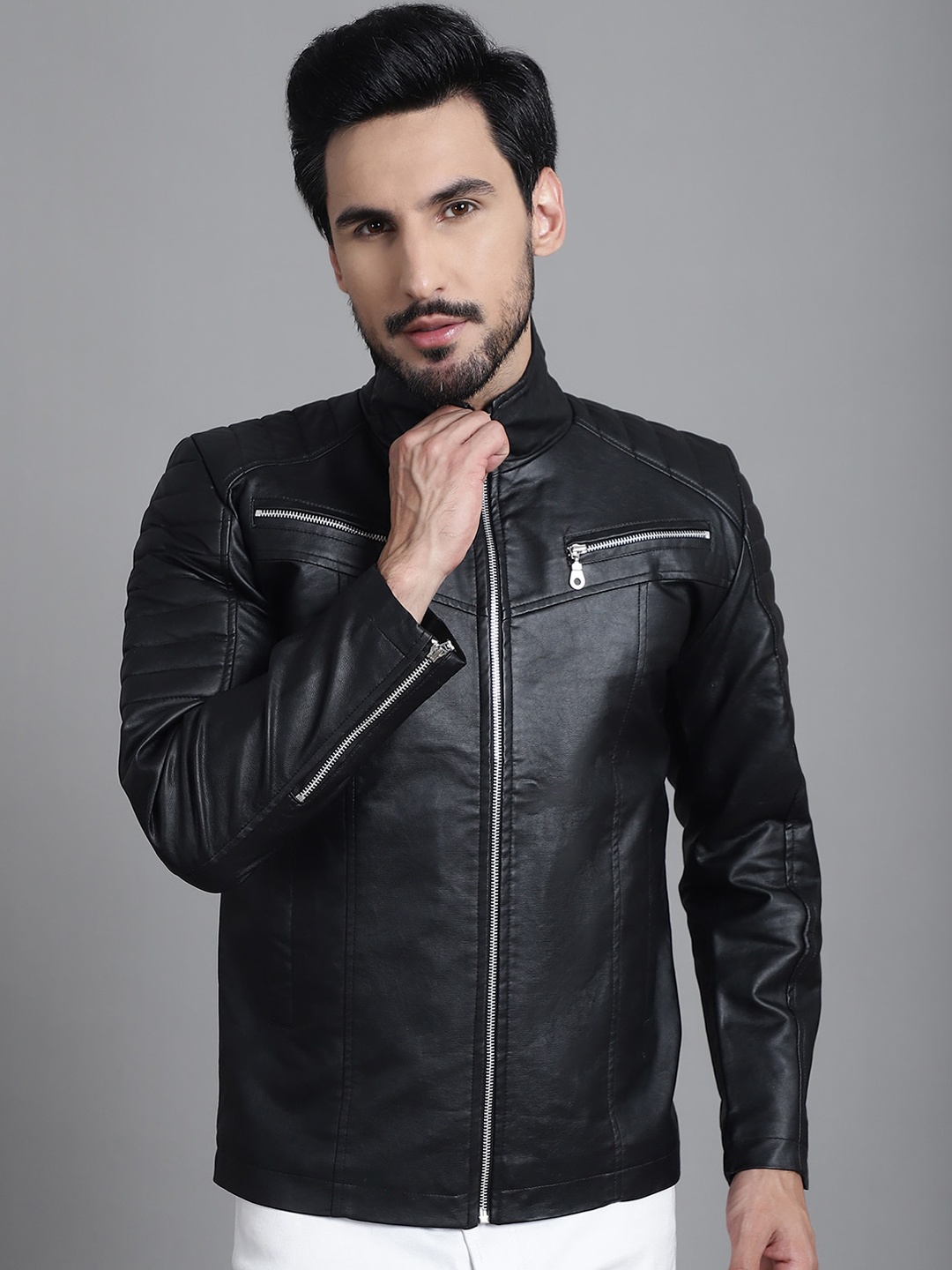 

WESTCLO Stand Collar Biker Jacket, Black