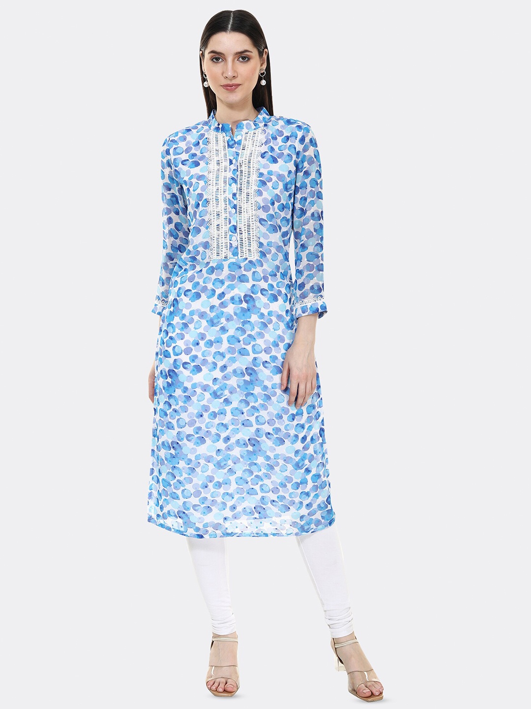 

TSM Abstract Printed Mandarin Collar Thread Work Georgette Straight Kurta, Blue