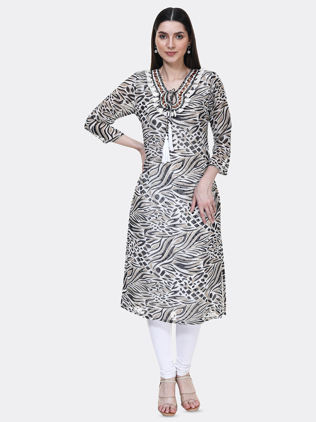

TSM Tropical Printed Tie Up Neck Kurta, Black
