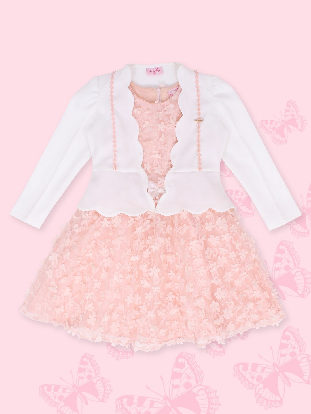 

CUTECUMBER Floral Georgette Fit & Flare Dress With Shrug, Peach