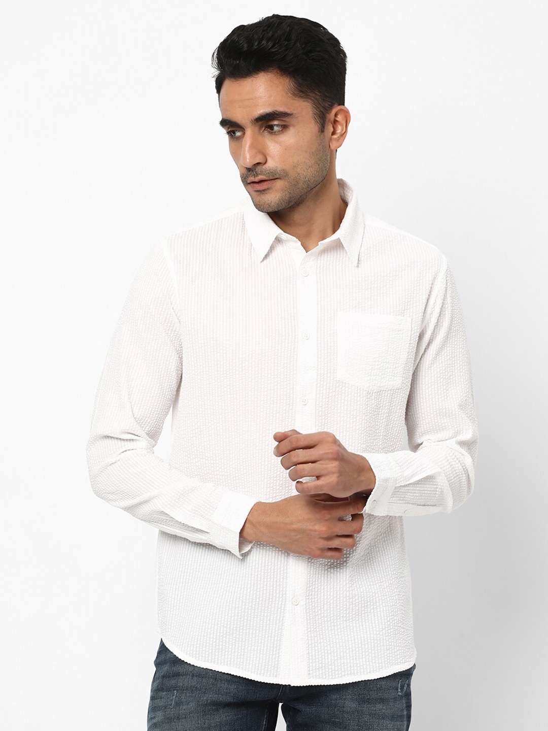 

R&B Textured Spread Collar Cotton Casual Shirt, White