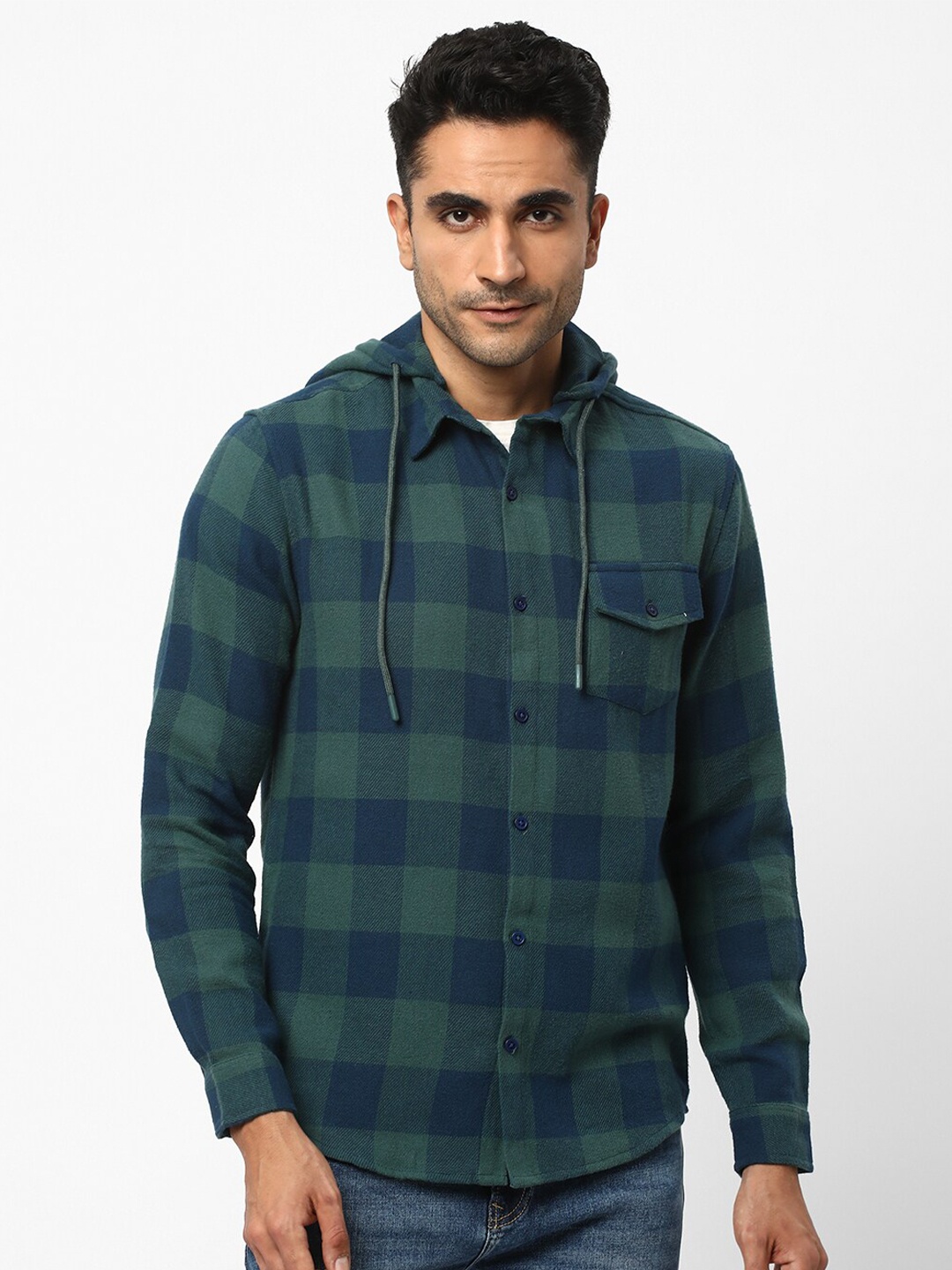 

R&B Buffalo Checked Hooded Cotton Casual Shirt, Green