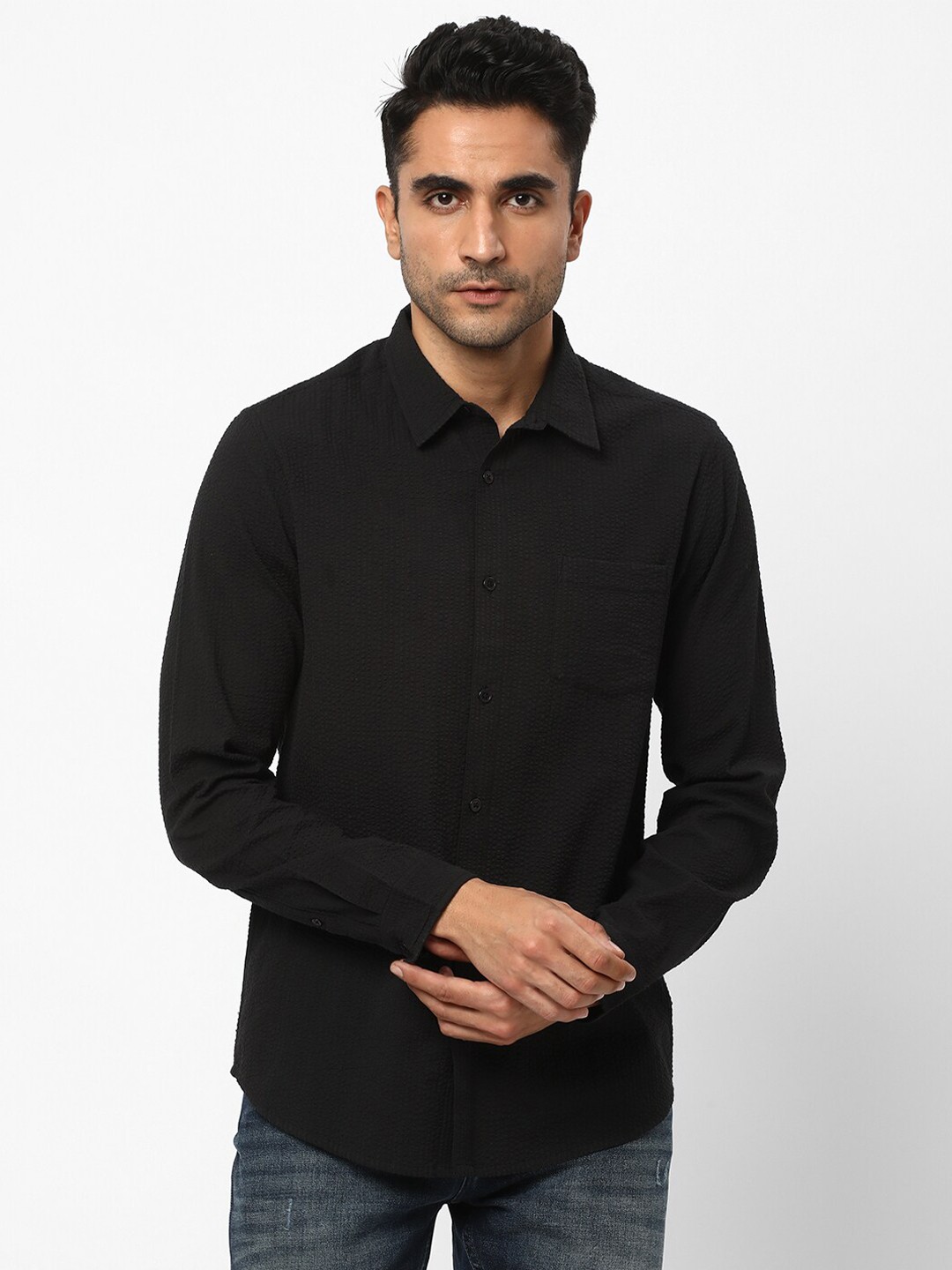 

R&B Textured Spread Collar Cotton Casual Shirt, Black