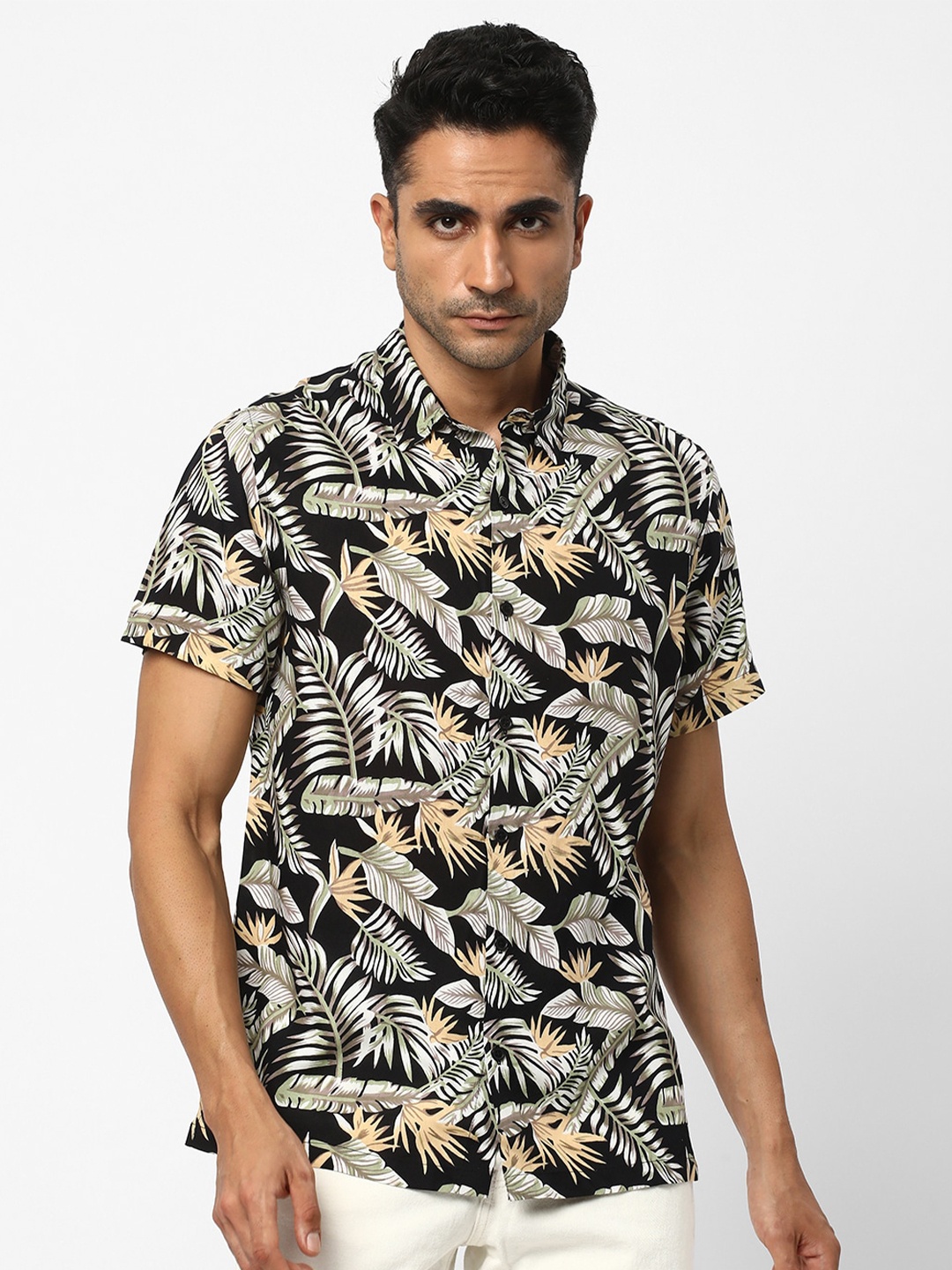 

R&B Floral Printed Spread Collar Casual Shirt, Black