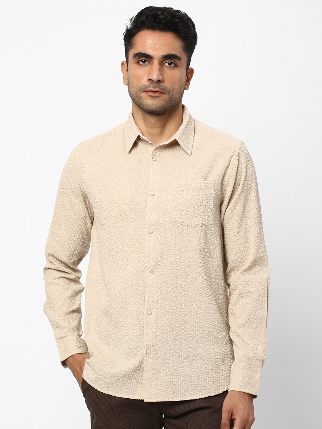 

R&B Textured Spread Collar Cotton Casual Shirt, Beige