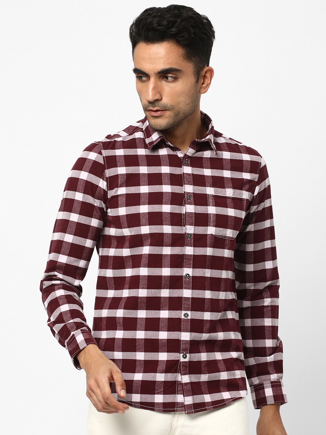 

R&B Buffalo Checked Spread Collar Cotton Casual Shirt, Maroon