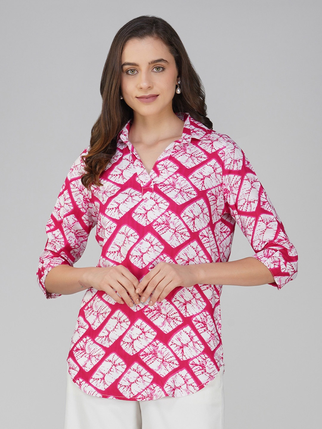 

Vastraa Fusion Abstract Printed Shirt Collar Top, Pink