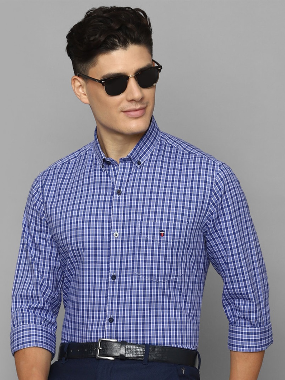 

Louis Philippe Sport Slim Fit Checked Button-Down Collar Long Sleeves Cotton Casual Shirt, Blue