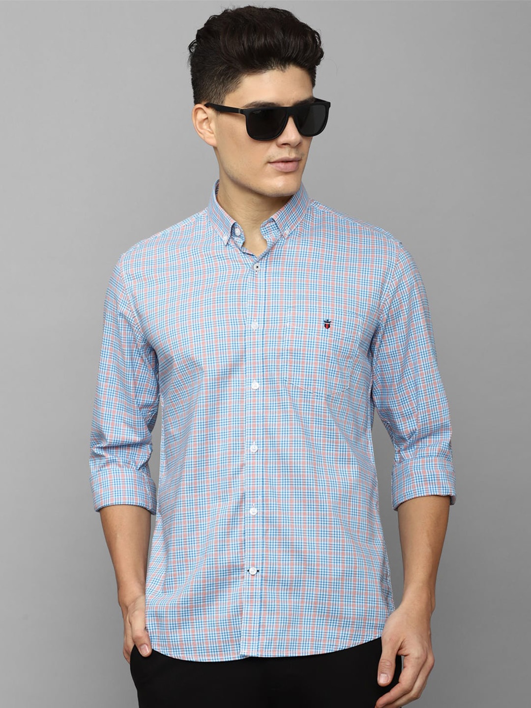 

Louis Philippe Sport Slim Fit Grid Tattersall Checks Long Sleeves Cotton Casual Shirt, Blue