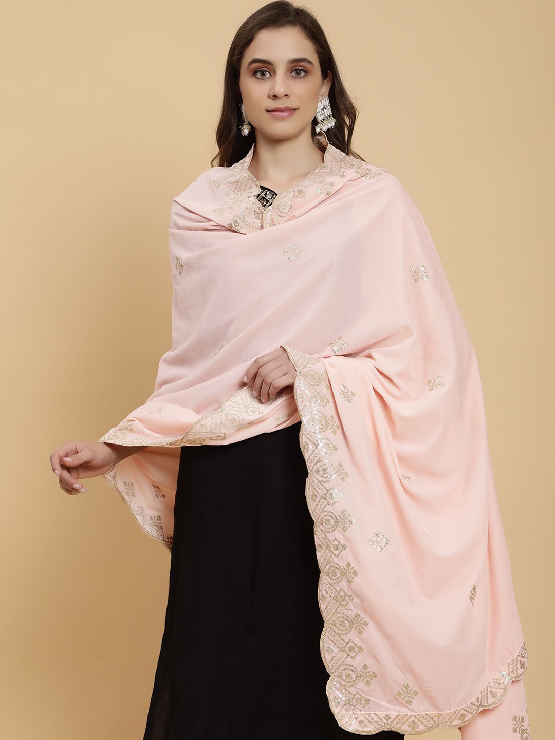 

Moda Chales Ethnic Motifs Embroidered Sequinned Detail Velvet Dupatta, Peach