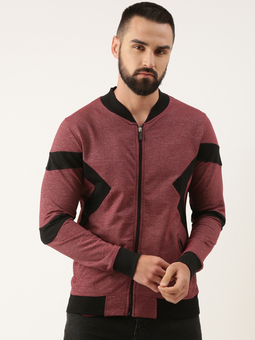 

ARISE Men Printed Mock Collar Terry Sweatshirt, Burgundy