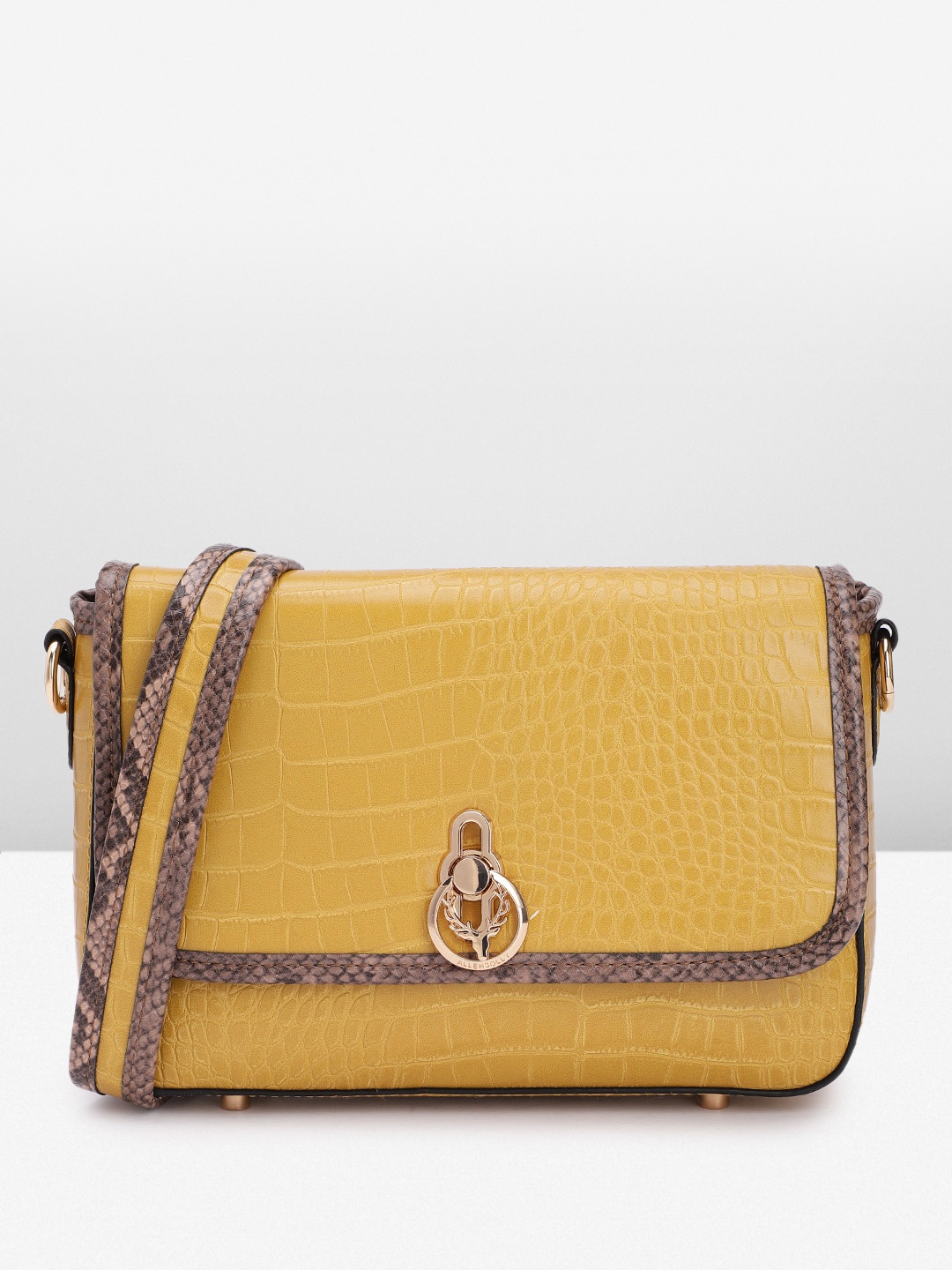 

Allen Solly Crocodile Textured Structured Sling Bag With Contrast Side Taping Detail, Mustard