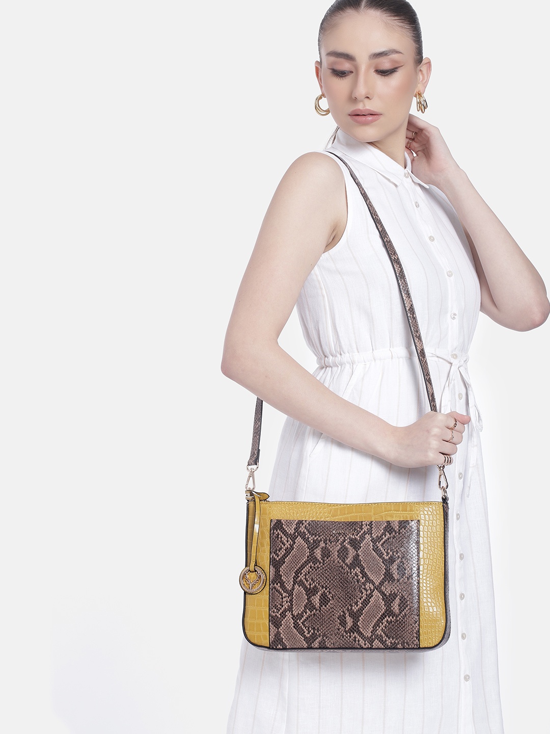 

Allen Solly Crocodile & Snake Skin Textured Structured Sling Bag with Brand Logo Tasselled, Mustard