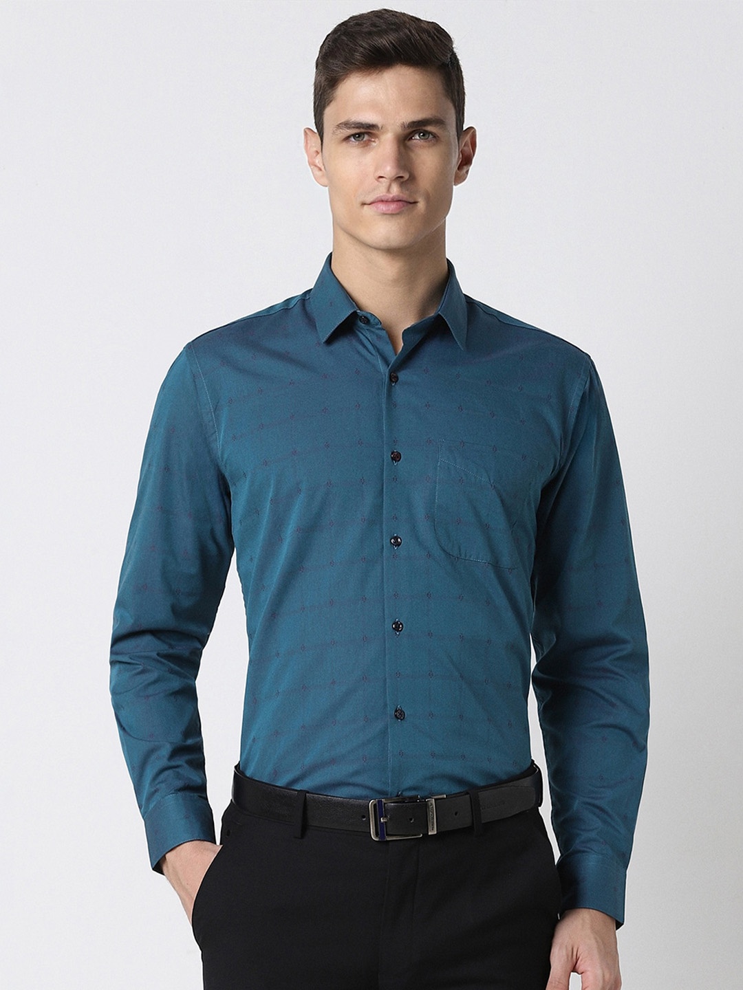 

Peter England Spread Collar Checked Formal Shirt, Teal