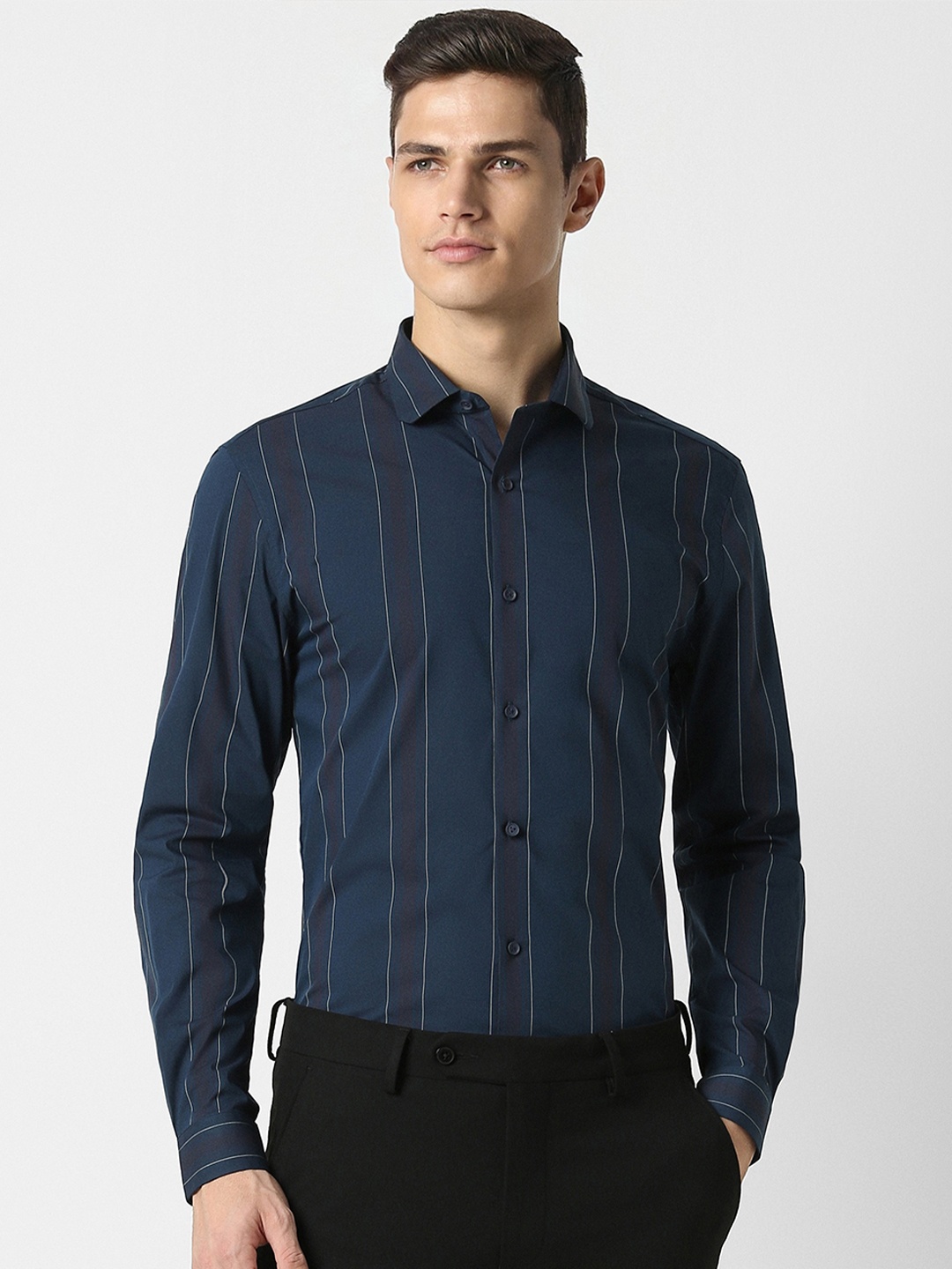 

Peter England Men Navy Blue Slim Fit Opaque Striped Formal Shirt