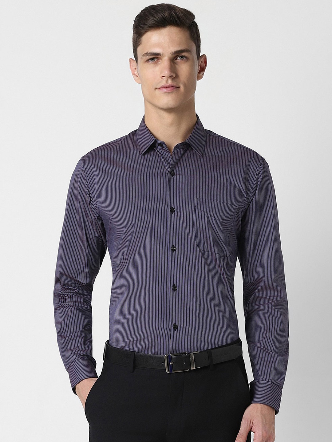 

Peter England Spread Collar Striped Formal Shirt, Purple