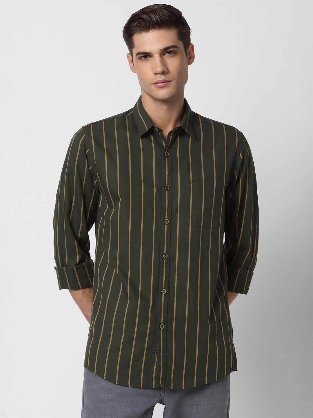 

Peter England Casuals Slim Fit Striped Pure Cotton Casual Shirt, Olive