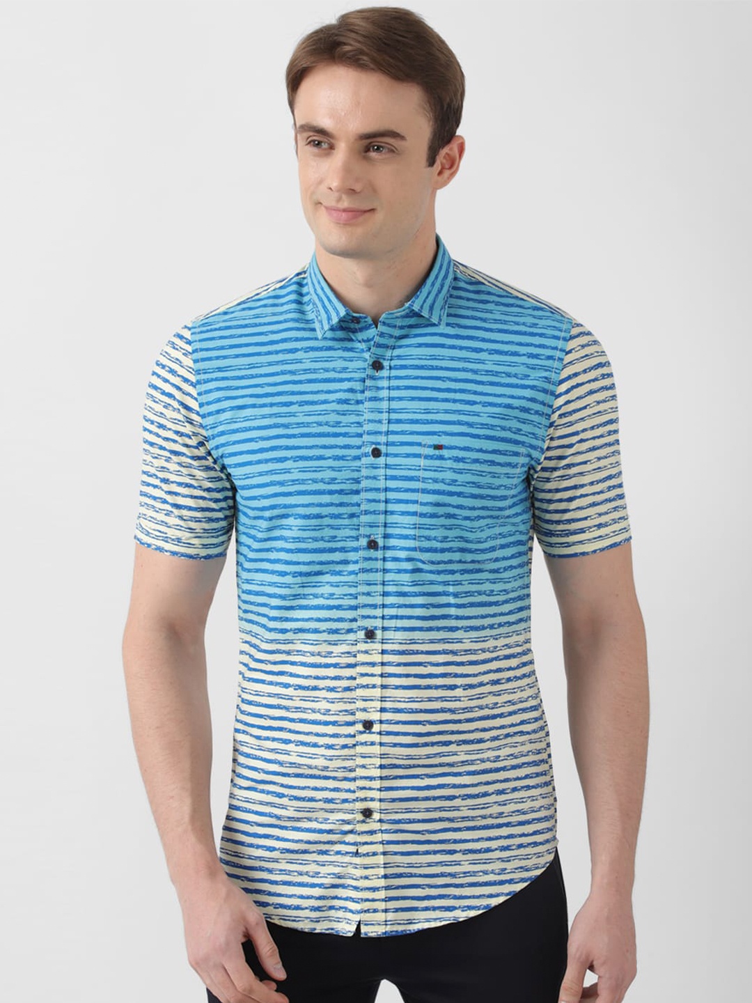 

Peter England Casuals Slim Fit Horizontal Striped Pure Cotton Casual Shirt, Blue