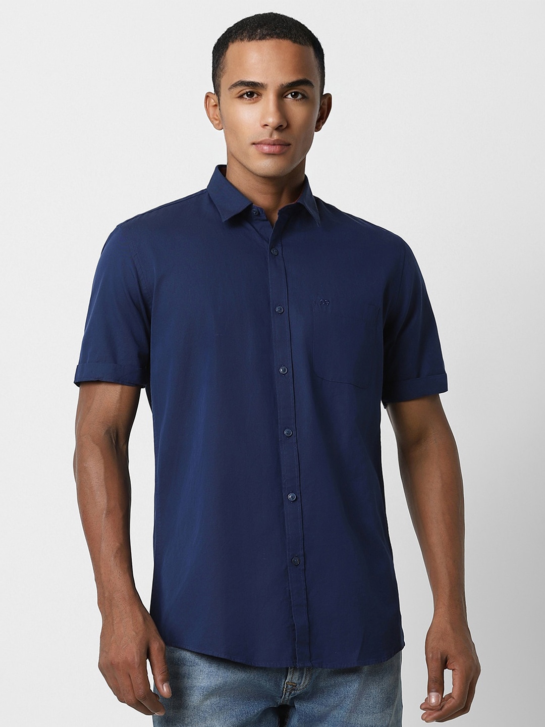 

Peter England Casuals Slim Fit Short Sleeves Pure Cotton Casual Shirt, Navy blue