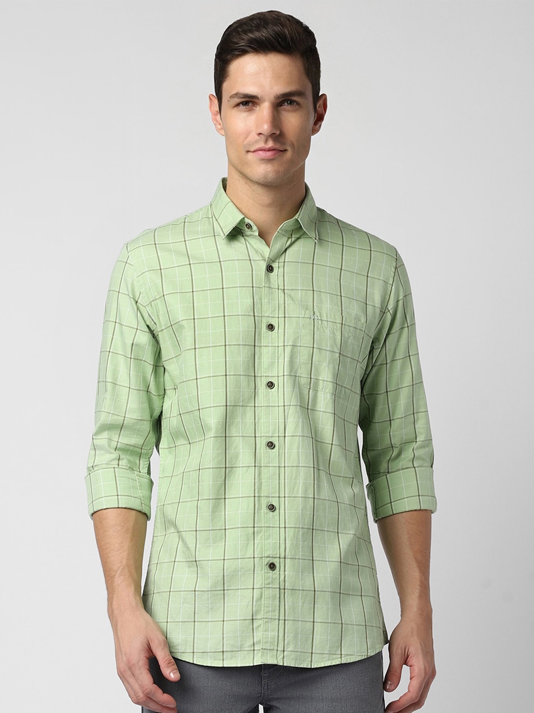

Peter England Casuals Slim Fit Windowpane Checked Pure Cotton Casual Shirt, Green