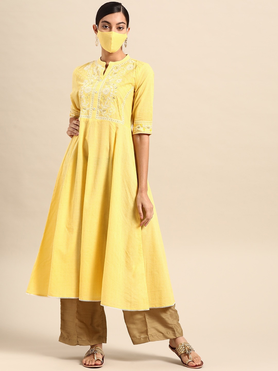

RANGMAYEE Floral Yoke Design Thread Work A-Line Cotton Kurta, Yellow