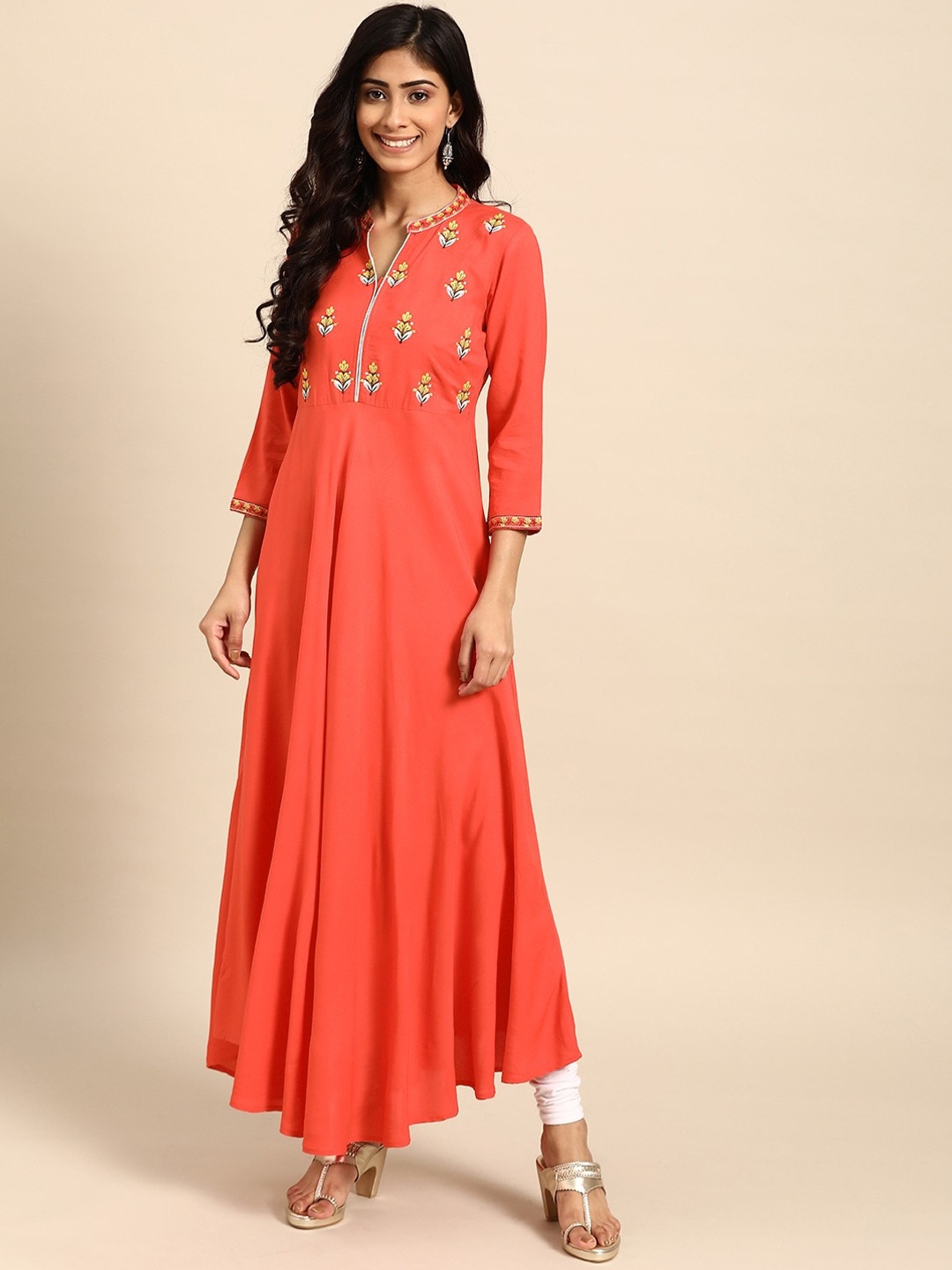 

RANGMAYEE Floral Embroidered Anarkali Cotton Kurta, Red