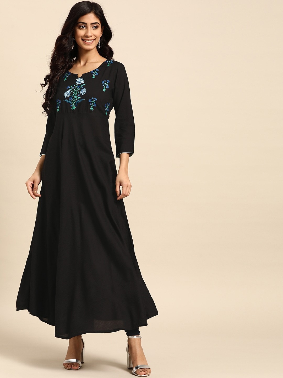 RANGMAYEE Floral Embroidered Cotton Anarkali Kurta, Black