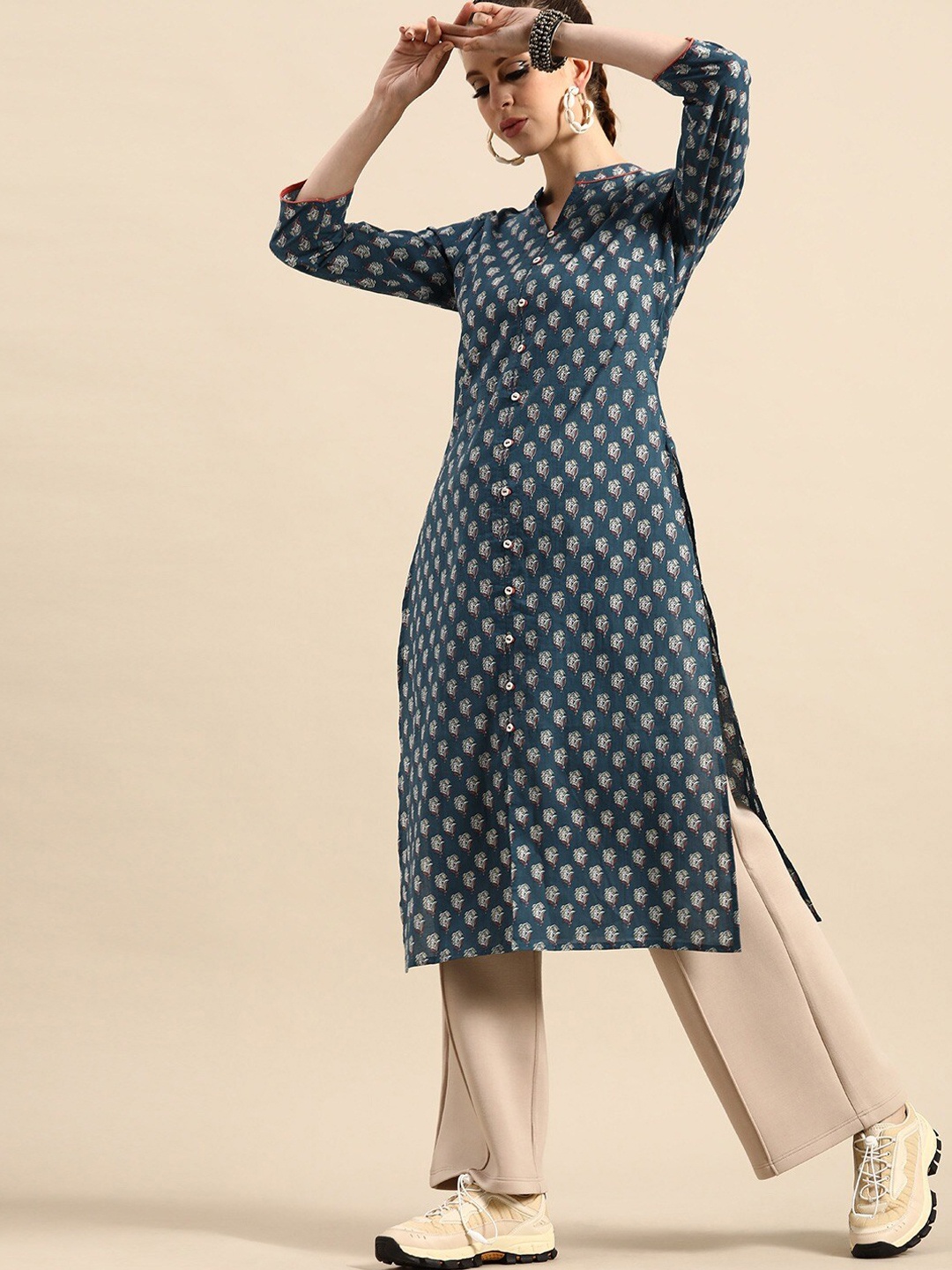 

RANGMAYEE Ethnic Motifs Printed Mandarin Colar Cotton Straight Kurta, Blue