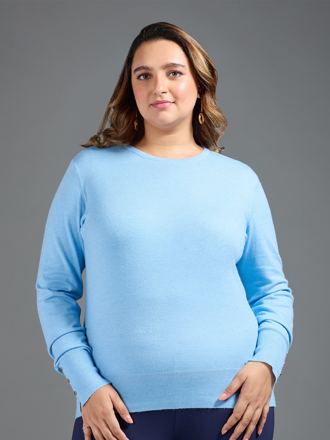 

20Dresses Plus Size Blue Buttoned Cuff Pullover Sweater