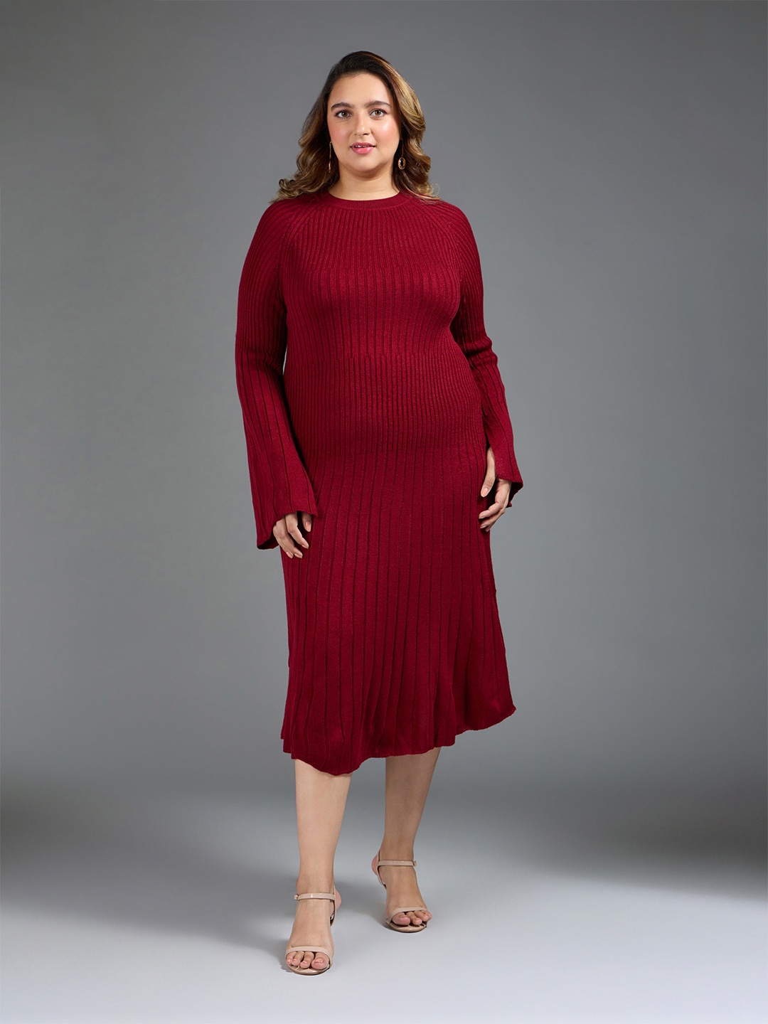 

20Dresses Plus Size Self Design Bell Sleeves Acrylic A-Line Midi Dress, Maroon