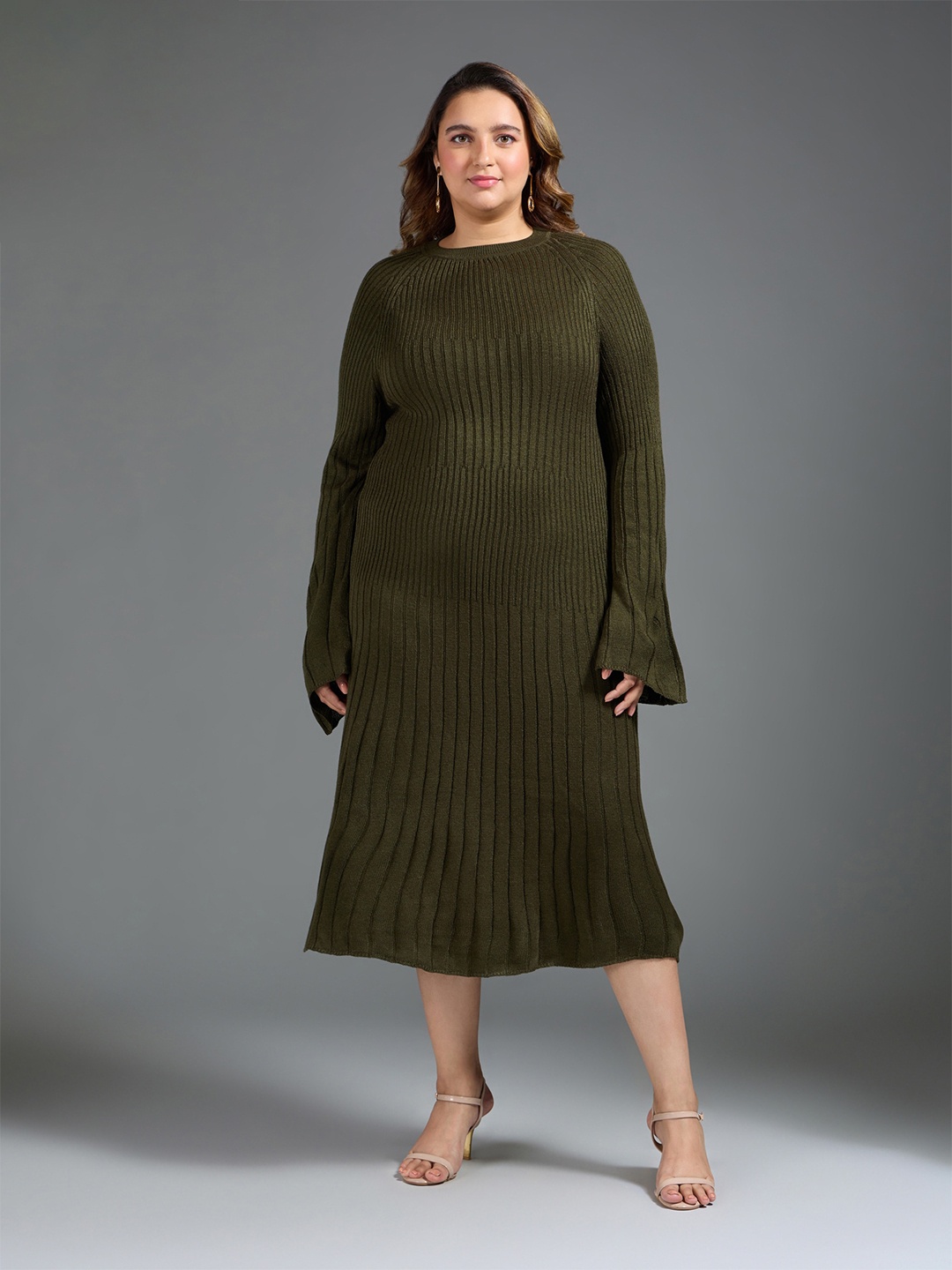 

20Dresses Plus Size Self Design Bell Sleeves Acrylic A-Line Midi Dress, Olive