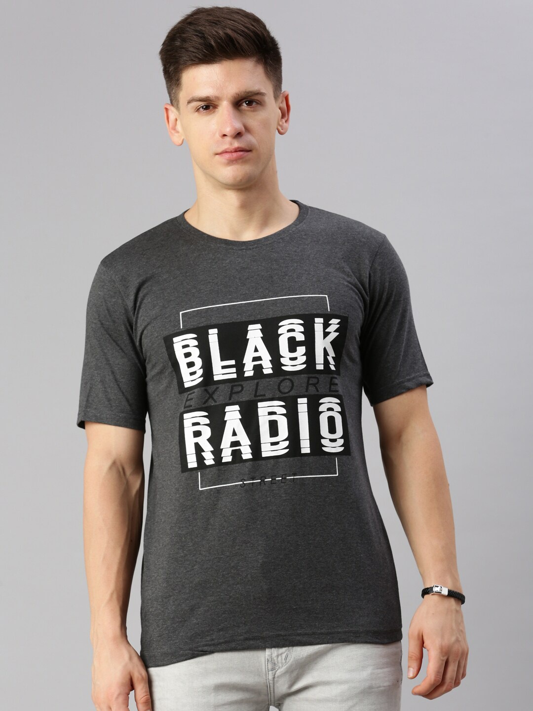 BLACK RADIO Typography Printed Round Neck Pure Cotton T-shirt, Charcoal