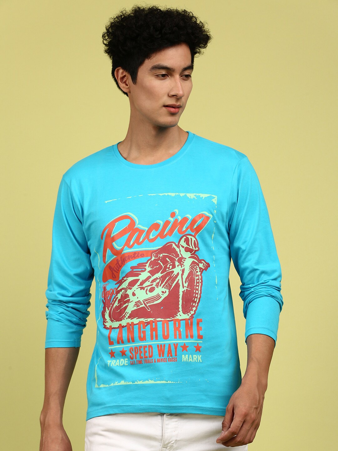 

BLACK RADIO Typography Printed Round Neck Pure Cotton T-shirt, Turquoise blue