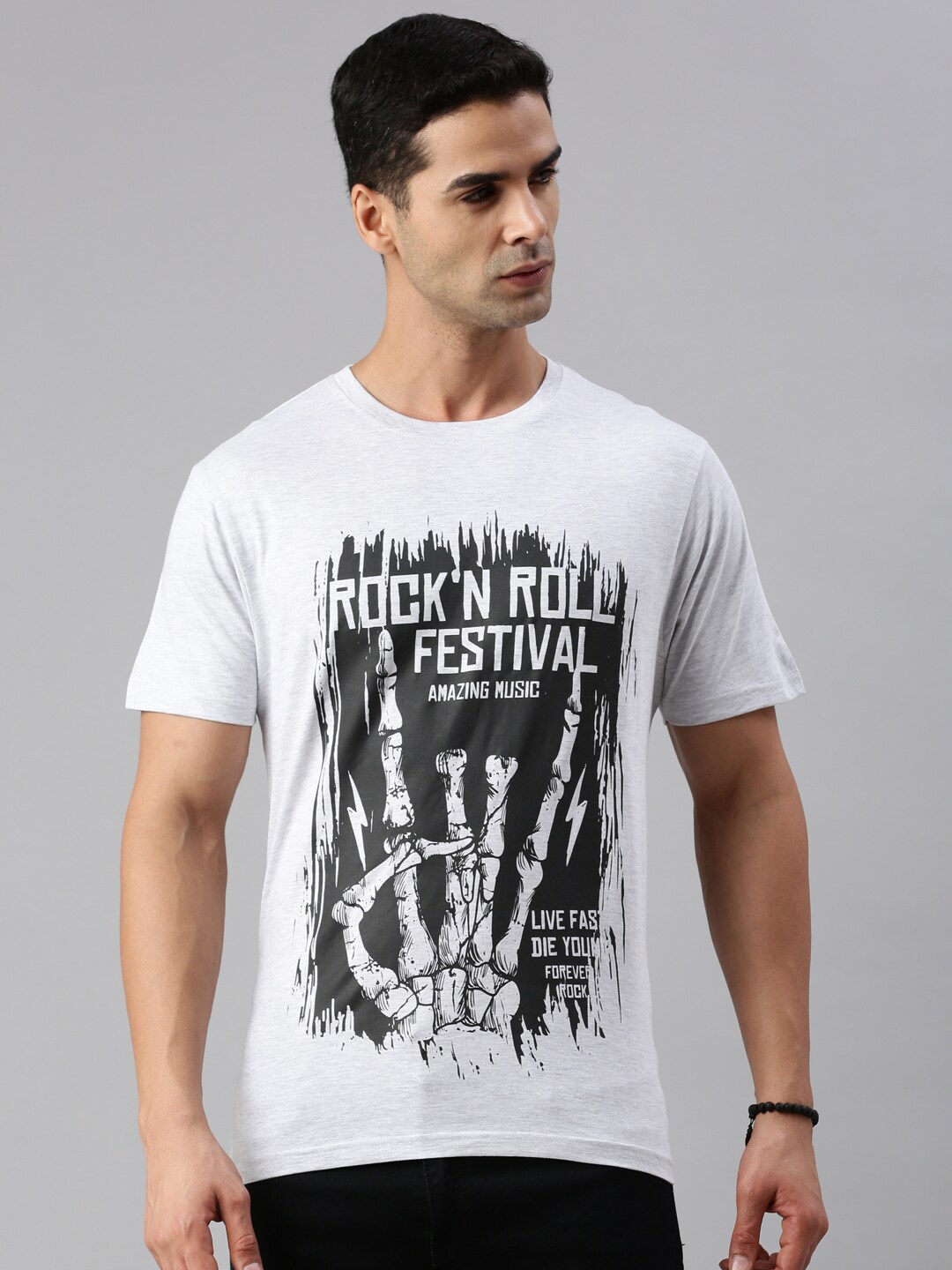 

BLACK RADIO Graphic Printed Round Neck Pure Cotton T-shirt, Grey