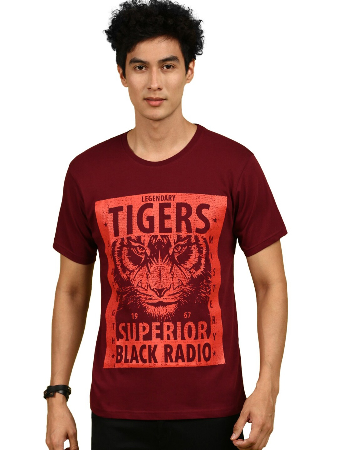 

BLACK RADIO Typography Printed Round Neck Pure Cotton T-shirt, Maroon