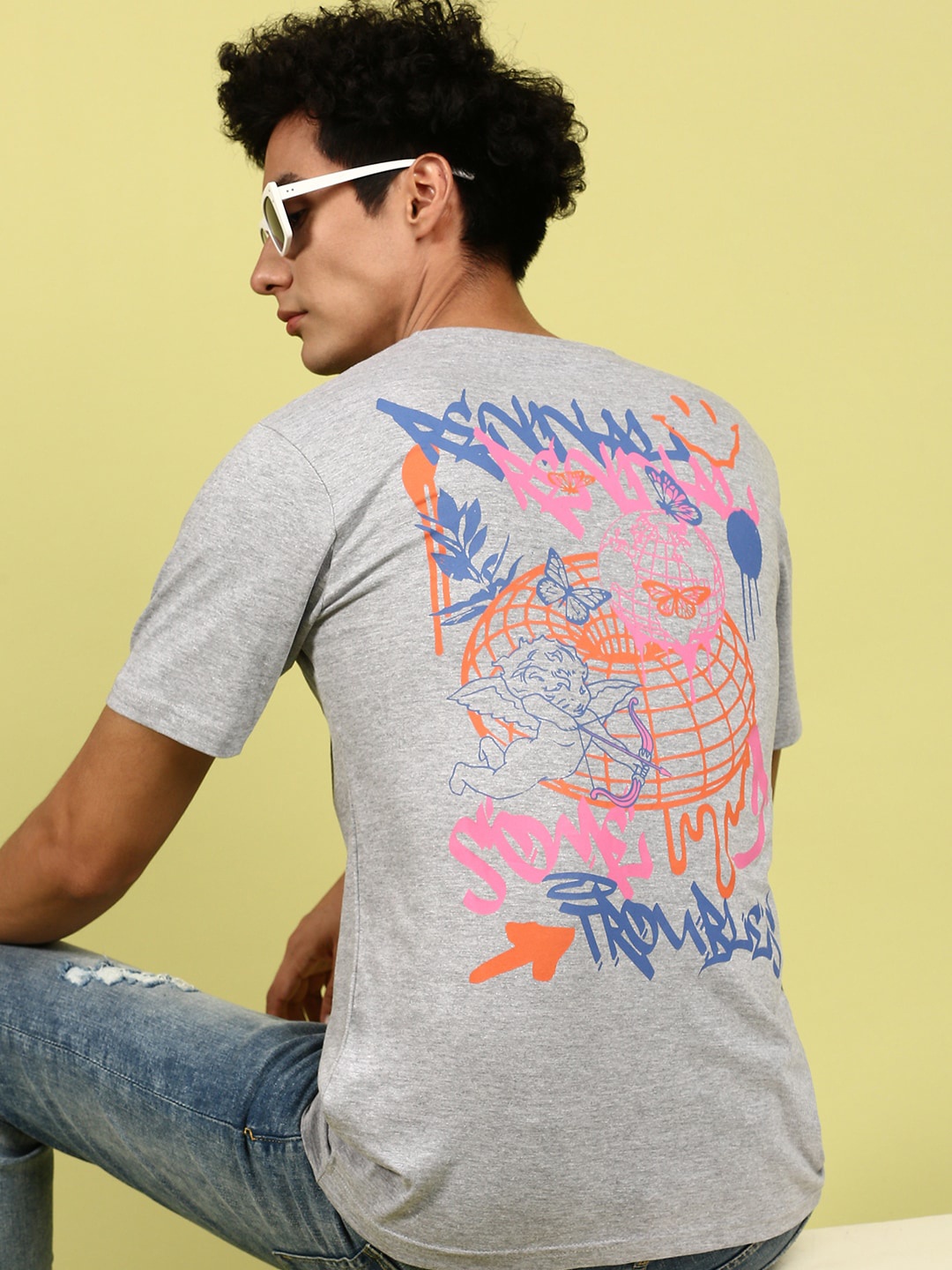 

BLACK RADIO Graphic Printed Round Neck Pure Cotton T-shirt, Grey melange