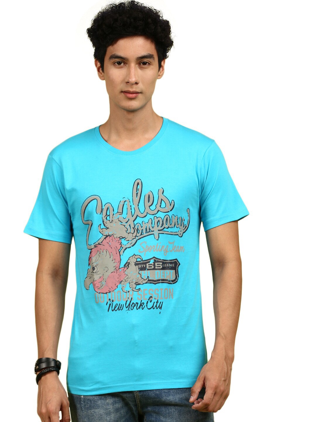 

BLACK RADIO Typography Printed Round Neck Pure Cotton T-shirt, Turquoise blue