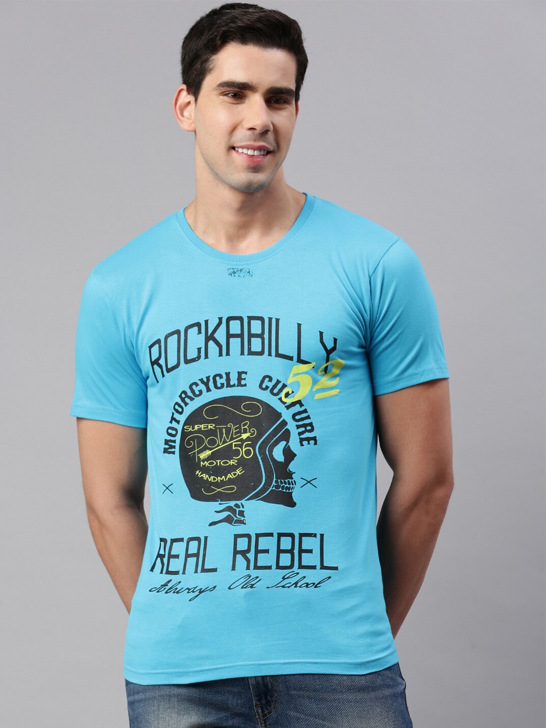 

BLACK RADIO Graphic Printed Round Neck Pure Cotton T-shirt, Turquoise blue