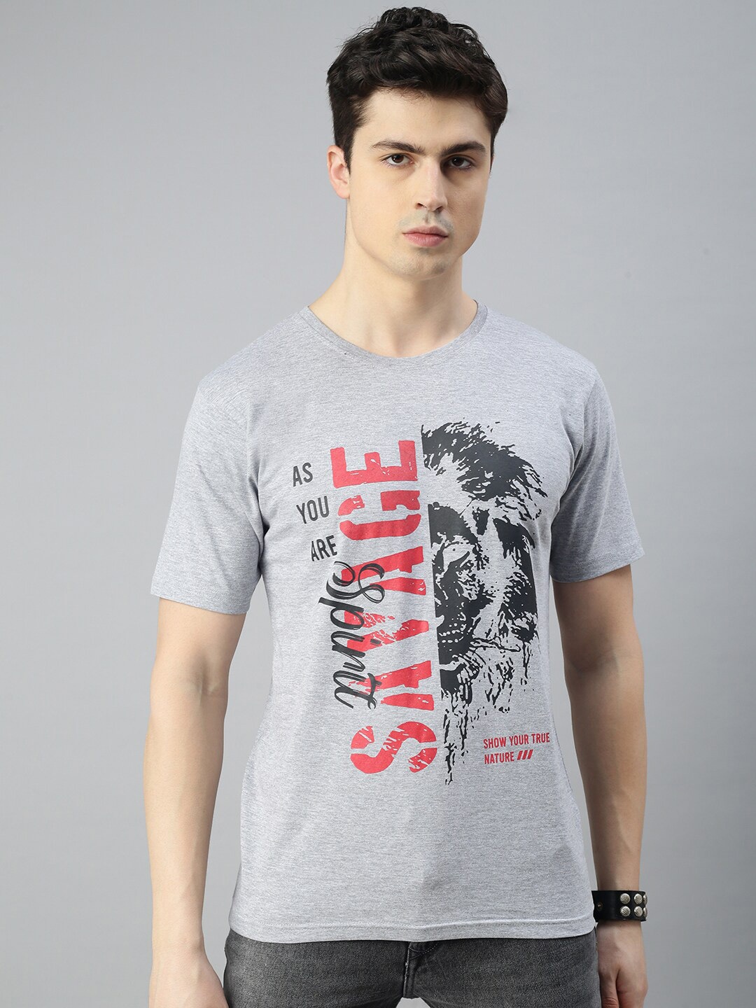 

BLACK RADIO Typography Printed Round Neck Pure Cotton T-shirt, Grey melange