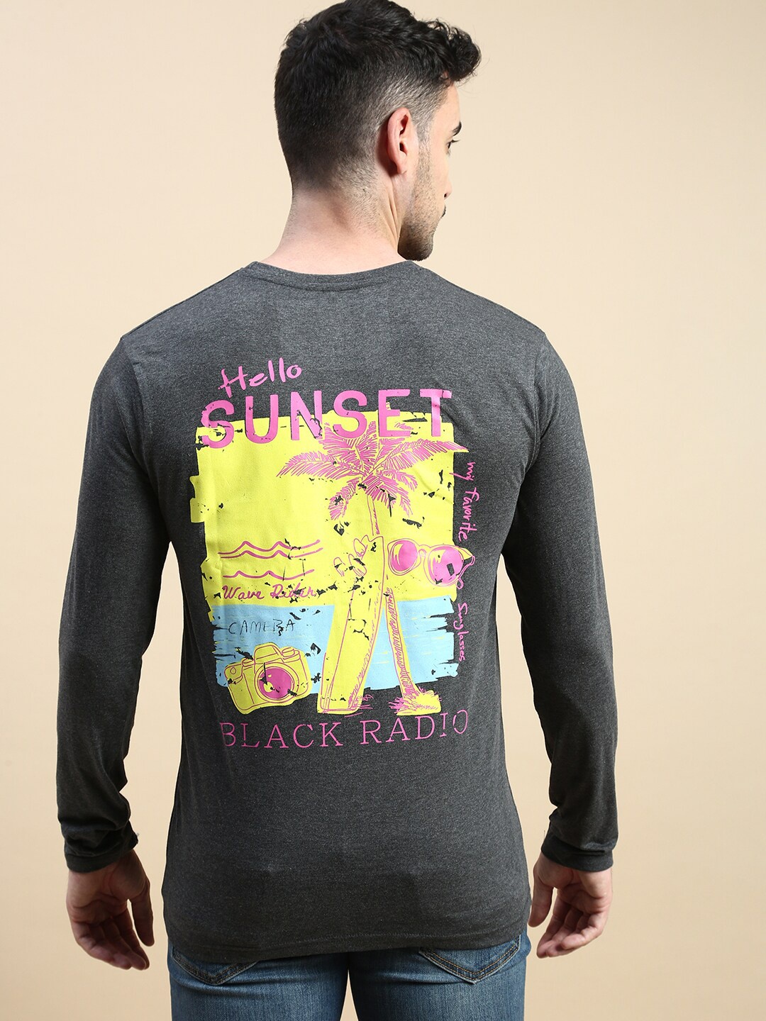 

BLACK RADIO Graphic Printed Round Neck Pure Cotton T-shirt, Charcoal