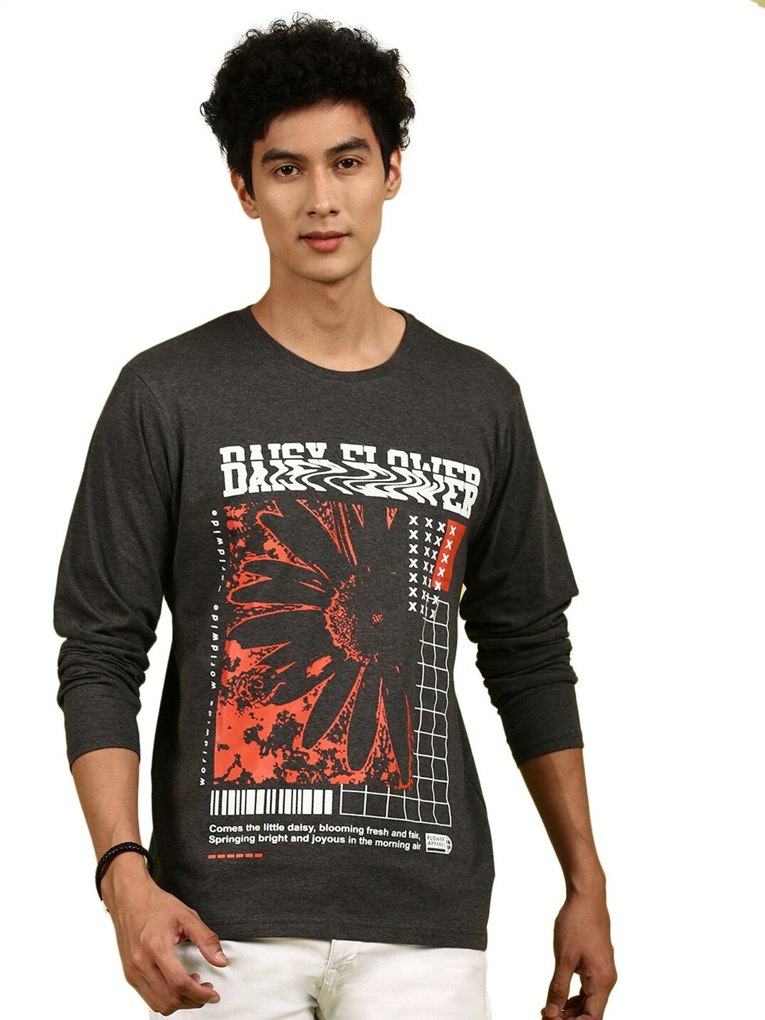 

BLACK RADIO Graphic Printed Round Neck Pure Cotton T-shirt, Charcoal
