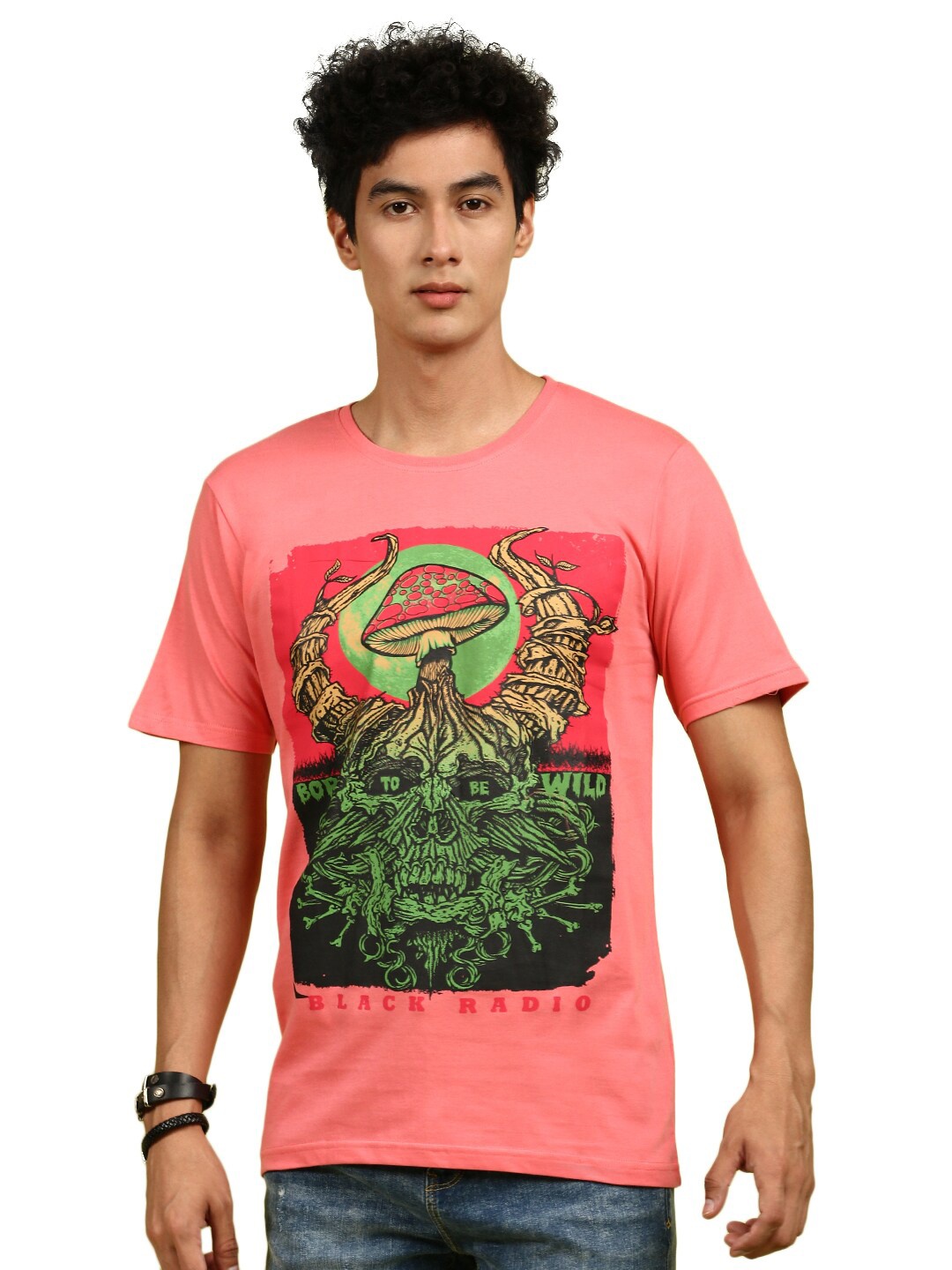 

BLACK RADIO Graphic Printed Round Neck Pure Cotton T-shirt, Pink