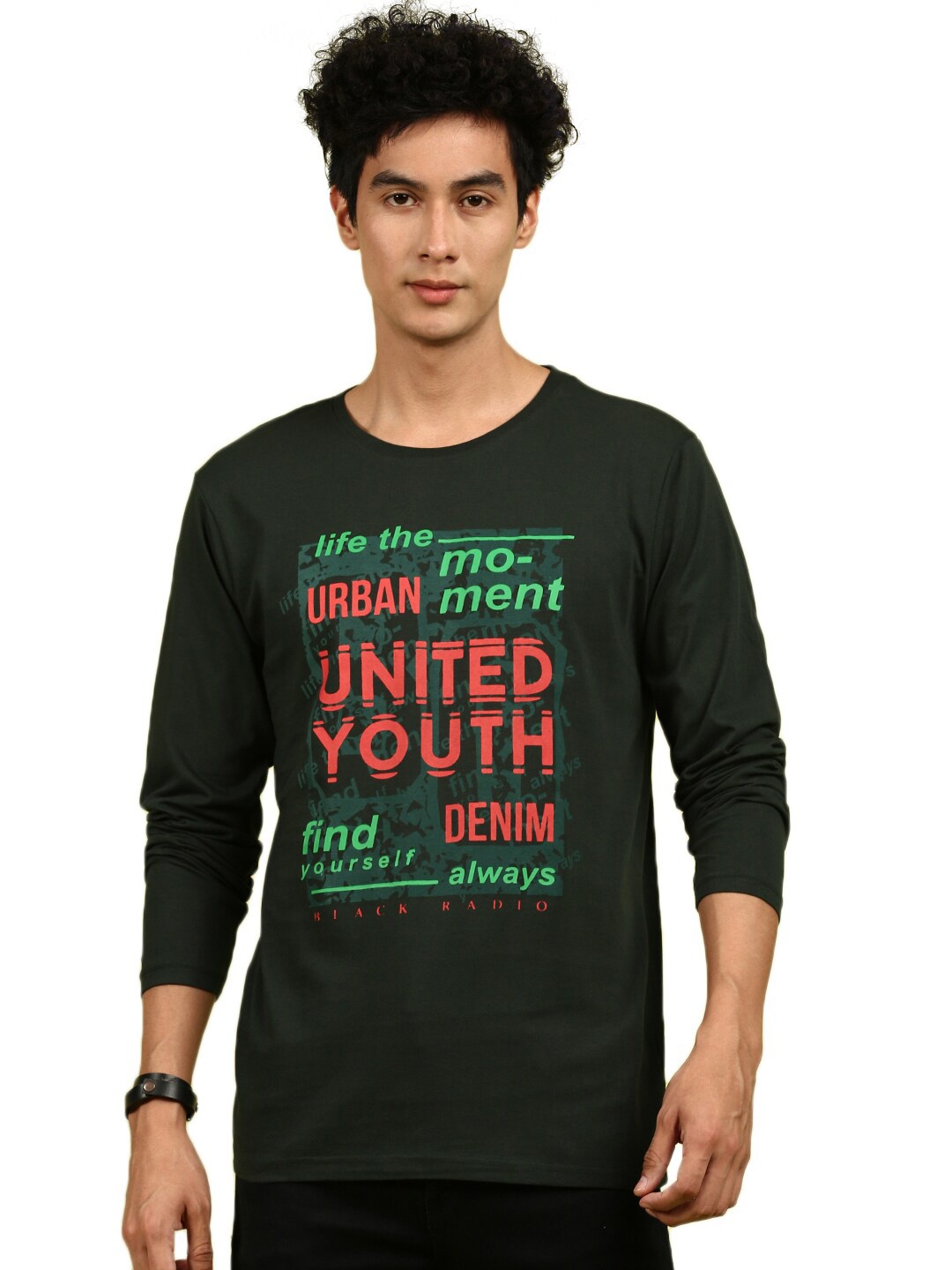 

BLACK RADIO Typography Printed Pure Cotton T-Shirt, Green