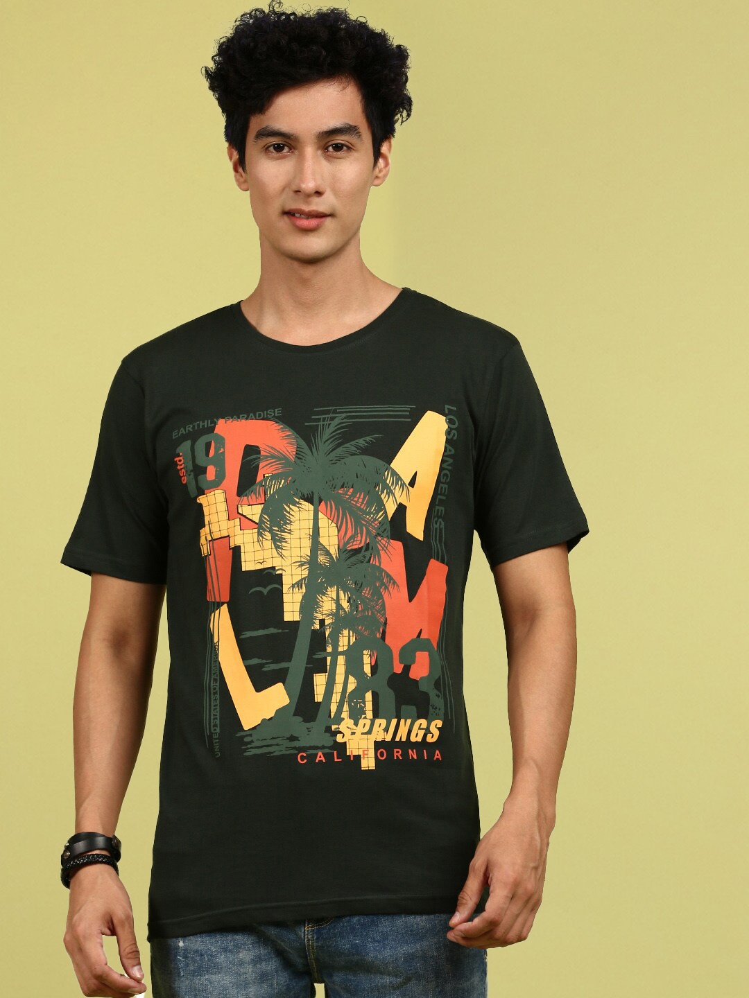 

BLACK RADIO Graphic Printed Round neck Pure Cotton T-shirt, Green